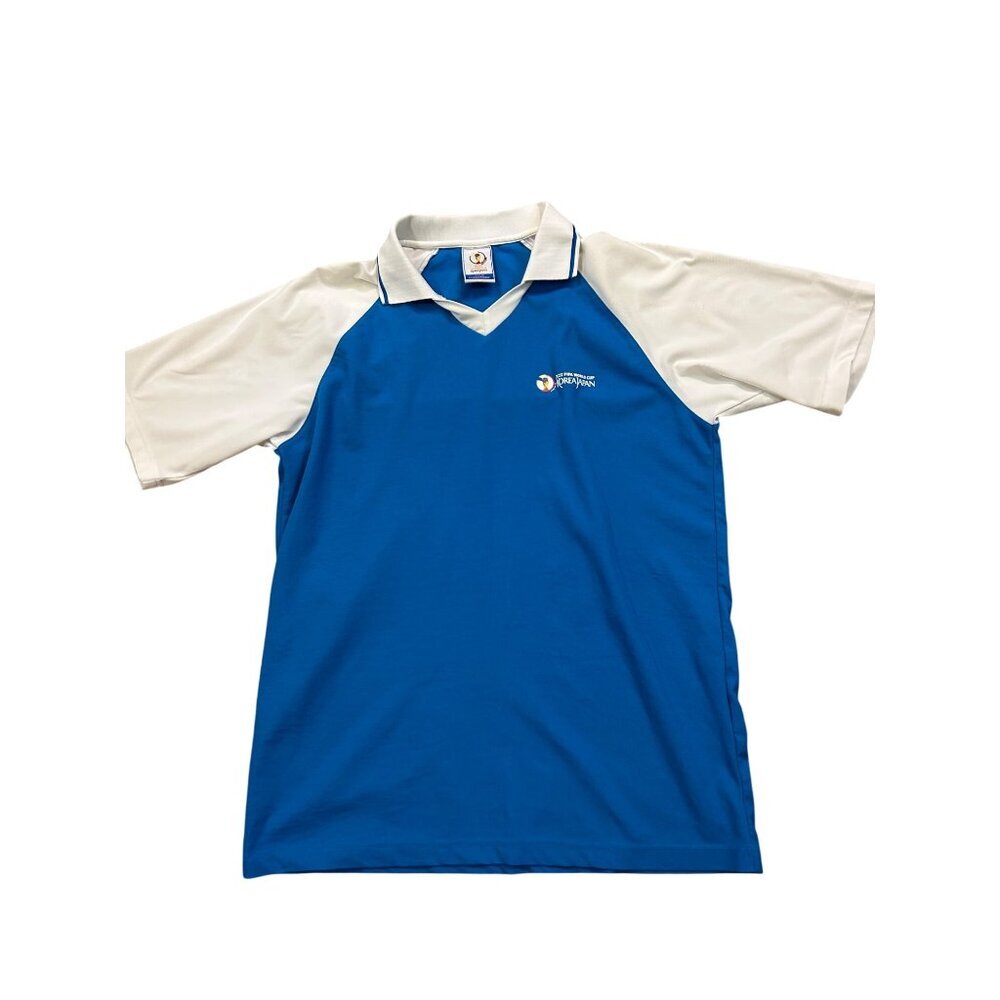 Vintage 2002 Fifa World Cup Korea Japan Soccer Blue & White Polo Shirt Medium